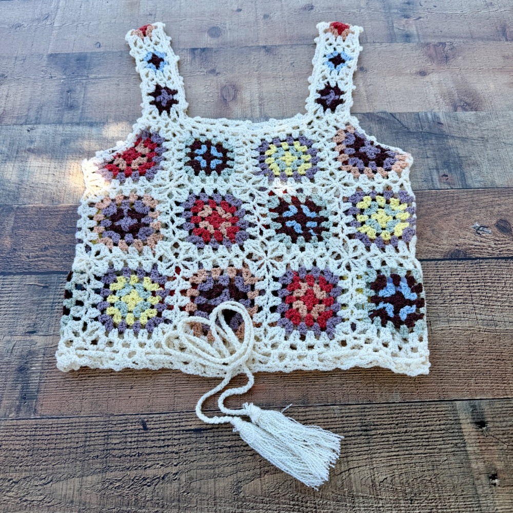 POL Granny Square Crochet Crop Top Multicolor‎ Boho Tassel Tank FST166 Large